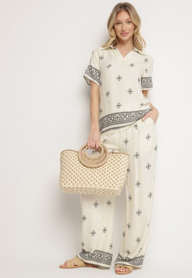 Jasnobeżowy Komplet z Wiskozy Bluzka z Krótkim Rękawem i Szerokie Spodnie Janavielle