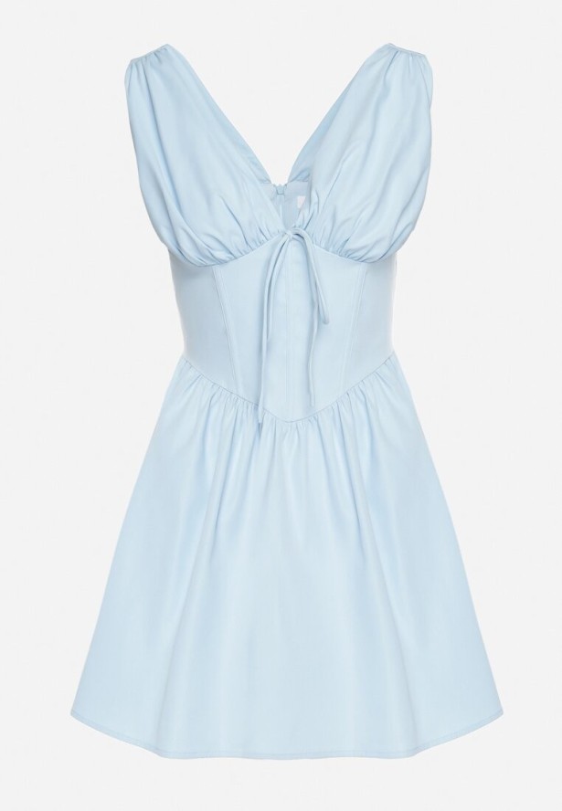 Niebieska Sukienka Vices o Rozkloszowanym Kroju z Wiązaniem Foliseia