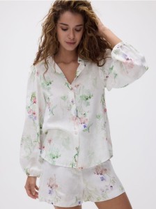 Wzorzysta koszula z lnem - wielobarwny