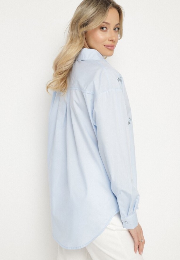 Jasnoniebieska Koszula z Bawełny Ozdobiona Naszywkami Katiema