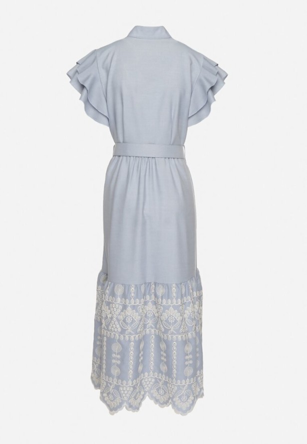 Niebieska Sukienka Boho o Rozkloszowanym Kroju z Haftem Falbanami i Paskiem Callindra