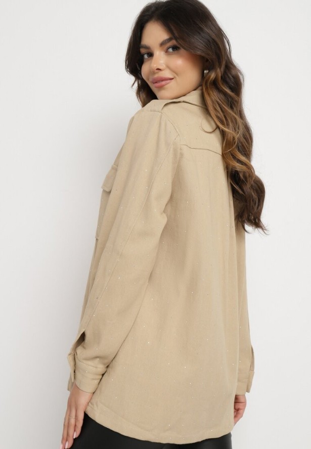 Beżowa Bawełniana Koszula Ozdobiona Cyrkoniami na Guziki Nerelise