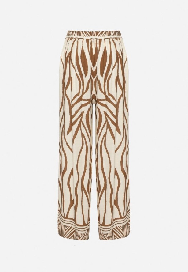 Brązowe Wiskozowe Spodnie z Lnem o Szerokim Kroju z Wysokim Stanem w Zebrę Fenelina