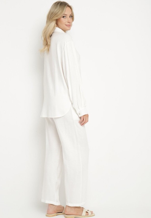 Biały Komplet z Lnem i Wiskozą Koszula i Spodnie Hanelior