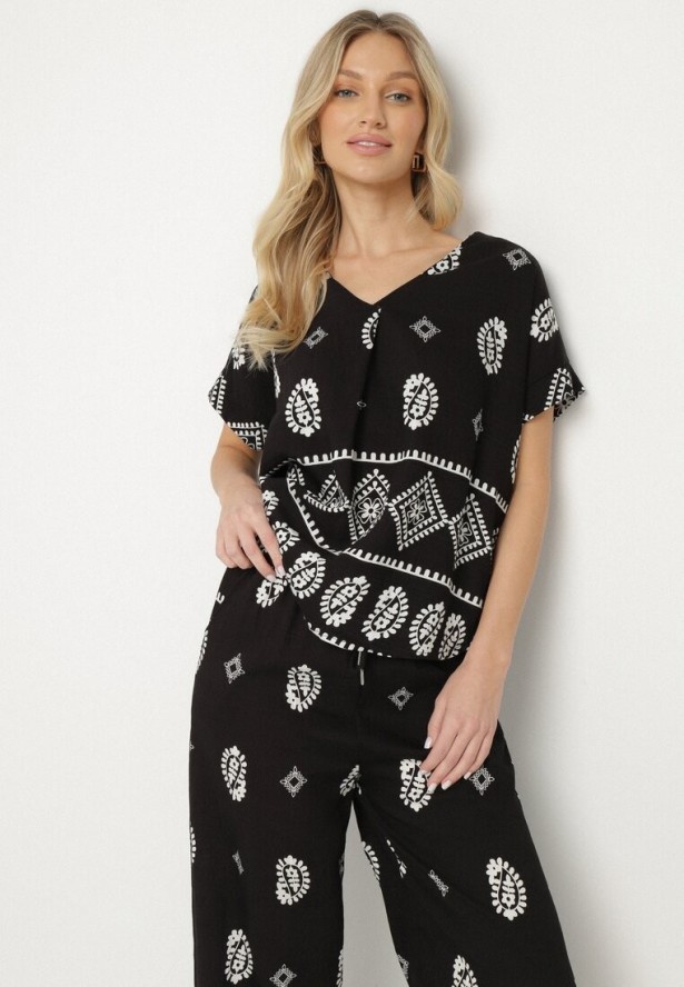 Czarny Bawełniany Komplet Koszula i Szerokie Spodnie w Stylu Boho Ollirive