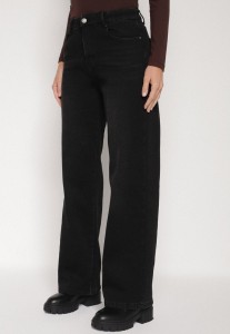 Czarne Jeansy z Szeroką Nogawką i Wysokim Stanem Ocieplane Polarem Mevellania