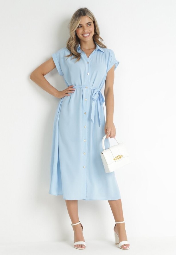 Niebieska Sukienka Koszulowa Wiązana w Pasie z Krótkimi Rękawami Clairana