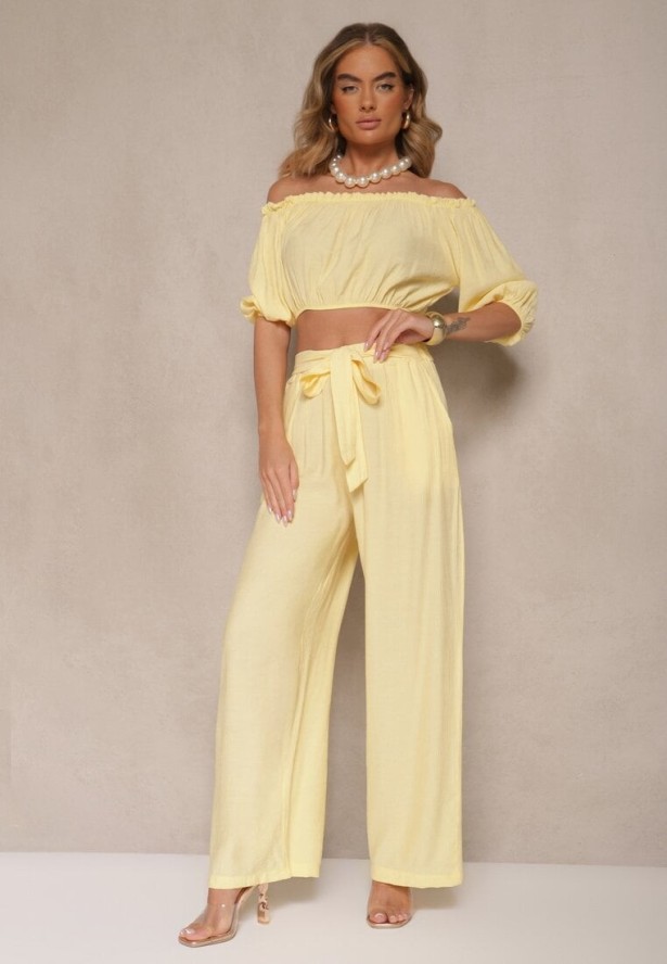 Żółty Komplet Spodnie o Szerokim Kroju i Bufiasta Bluzka Idalisse