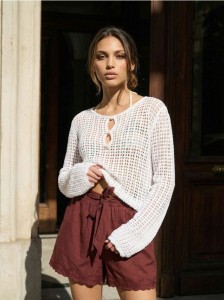 Bawełniane szorty high waist z haftem - żółty