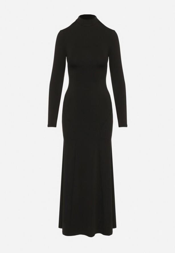 Czarna Taliowana Sukienka Koktajlowa z Wiskozą i Półgolfem Zozelira