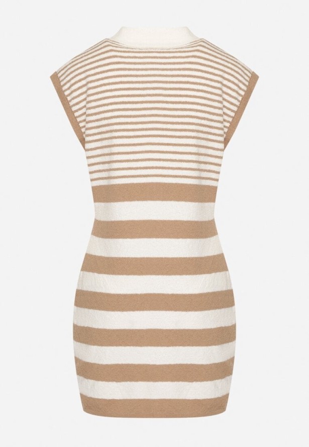 Brązowa Dopasowana Sukienka z Dzianiny w Paski z Kołnierzykiem i Guzikami Meprelle