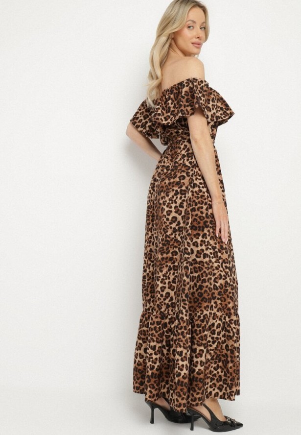 Brązowa Sukienka Hiszpanka w Panterkę o Rozkloszowanym Kroju z Gumką w Talii Giterta