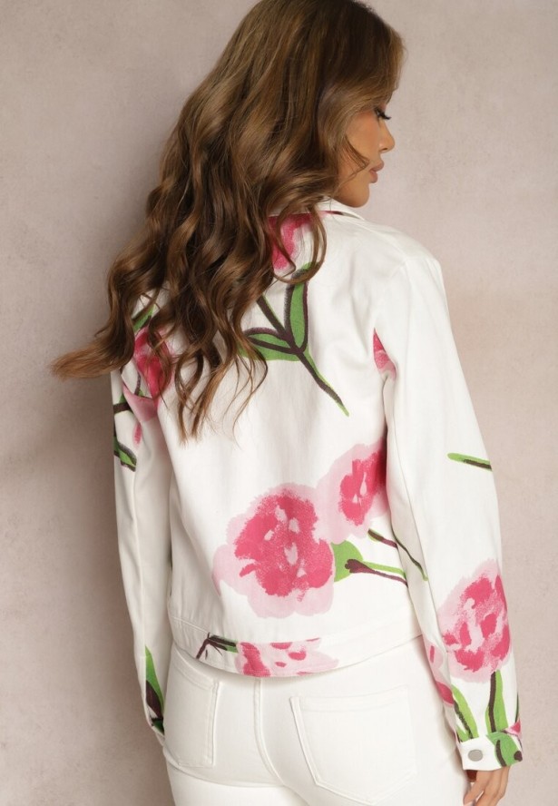 Beżowo-Różowa Kurtka Jeansowa z Bawełny we Florystyczny Print Arielapa