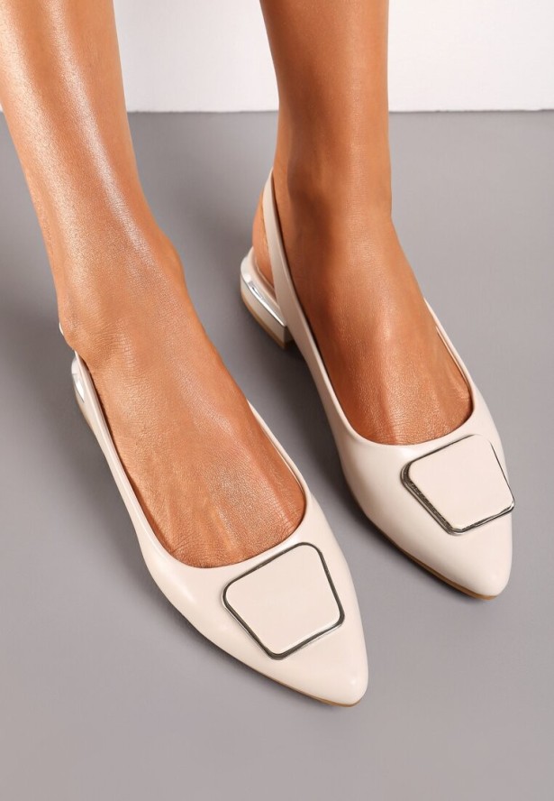 Beżowe Płaskie Sandały Sling-Back z Noskiem w Szpic i Klamrą ze Skórzaną Wkładką Sitaraga