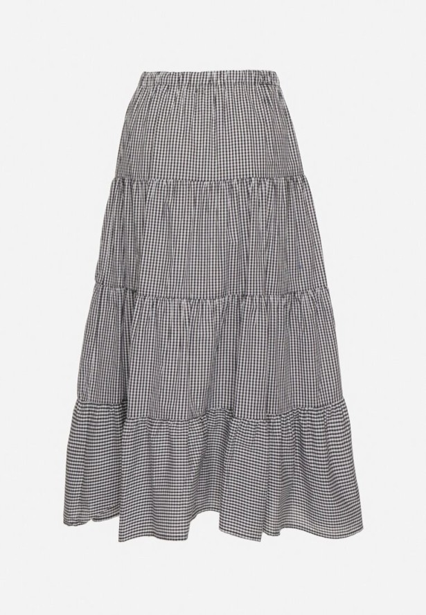 Czarno-Biała Bawełniana Spódnica Rozkloszowana w Kratę Stolitte