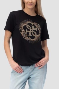 GUESS Czarny damski t-shirt na krótki rękaw z cyrkoniami Corinne, Rozmiar S
