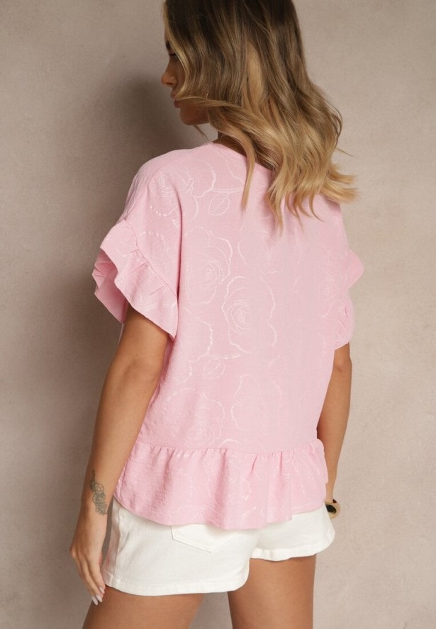 Różowa Bluzka Oversize Ozdobiona Falbanami Liriele