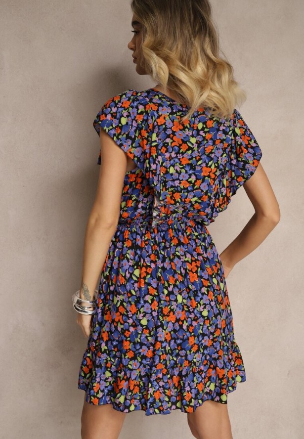 Granatowa Sukienka Bawełniana o Rozkloszowanym Kroju w Kwiaty z Falbankami Virlio