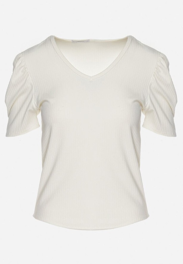 Beżowy T-shirt z Dekoltem w Serek Sunesse