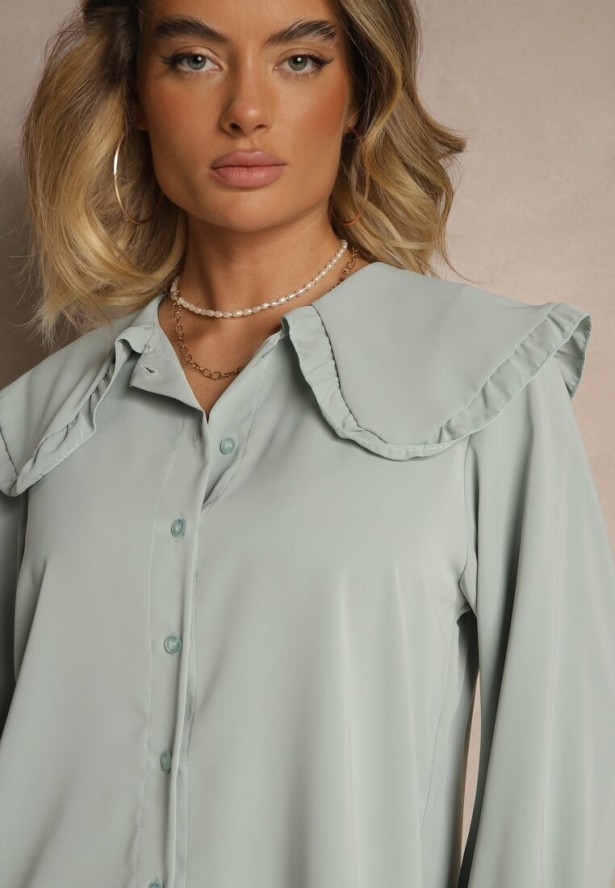 Jasnozielona Koszula Ozdobiona Falbankami i Kołnierzykiem Evirana