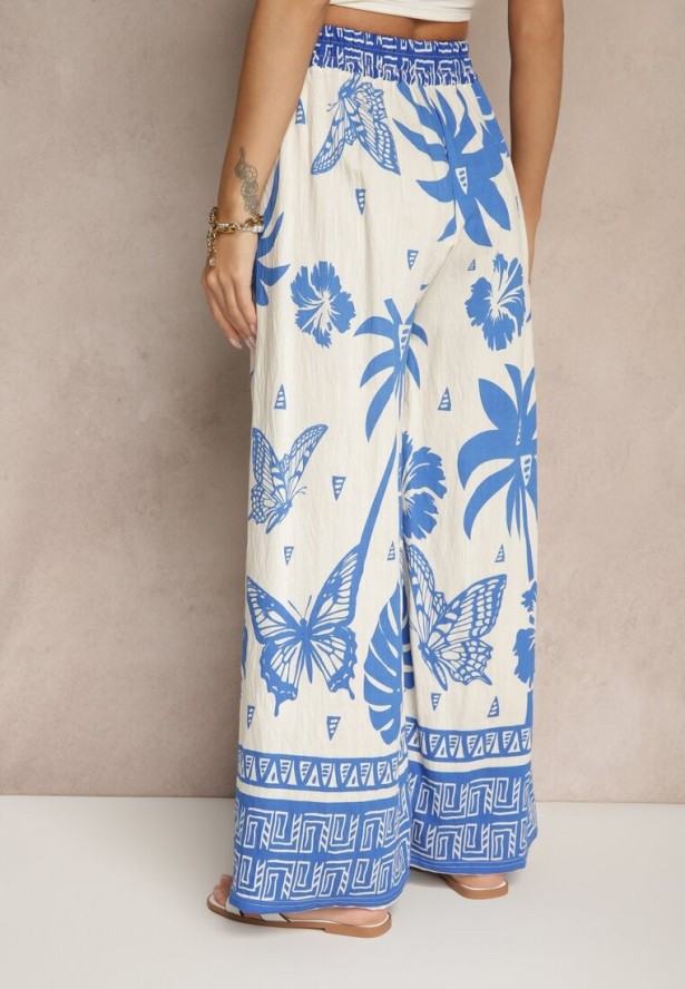 Niebieskie Szerokie Spodnie z Gumką w Pasie w Stylu Boho Evirami