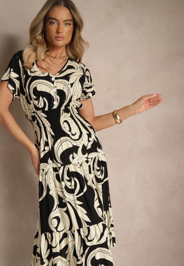 Czarna Bawełniana Sukienka z Abstrakcyjnym Motywem i Guzikami Talivea