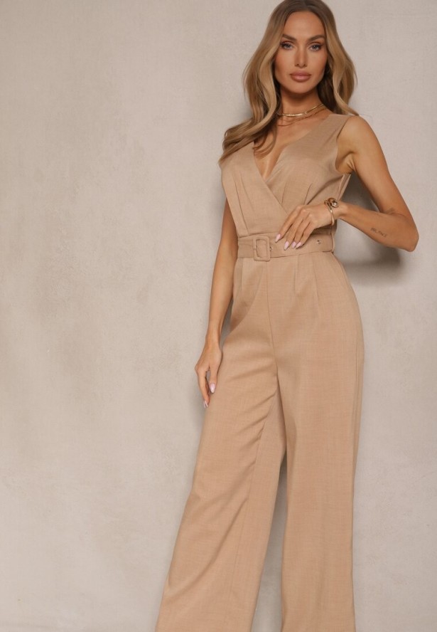 Ciemnobeżowy Kopertowy Kombinezon z Bawełną Ozdobiony Paskiem Evianaria