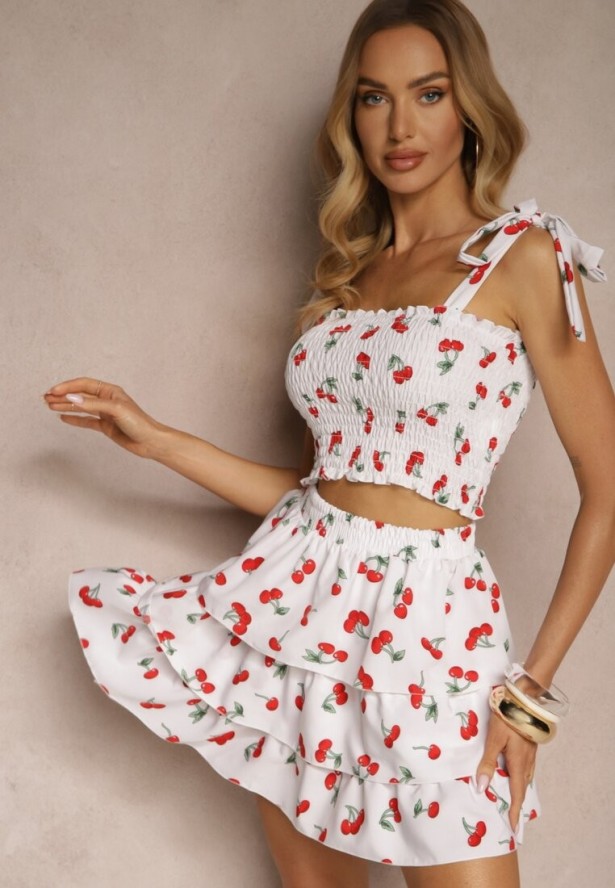 Biały Komplet Top z Kokardkami i Spódnica w Print z Wisienkami Talitora