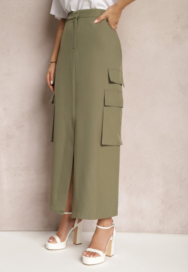 Ciemnozielona Spódnica Utility z Kieszeniami na Klapy Inno