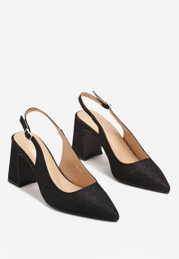 Czarne Sandały Czółenka na Słupku z Noskiem w Szpic Zdobione Brokatem Ninelitia