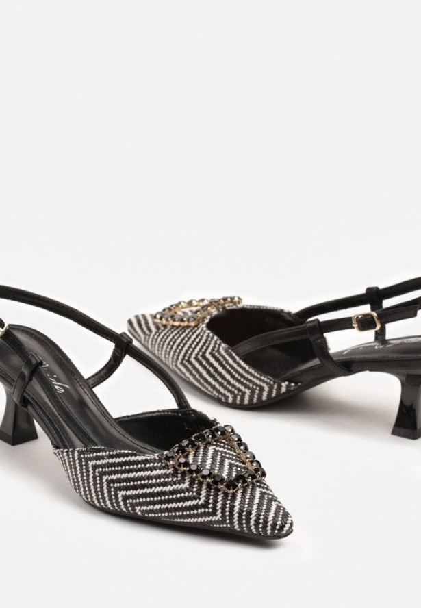 Czarne Eleganckie Sandały na Obcasie Typu Kaczuszka z Aplikacją Eleadella