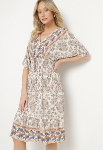 Ciemnobeżowa Sukienka z Wiskozy w Ornamentalny Wzór z Szeroką Gumką w Pasie Tanissla