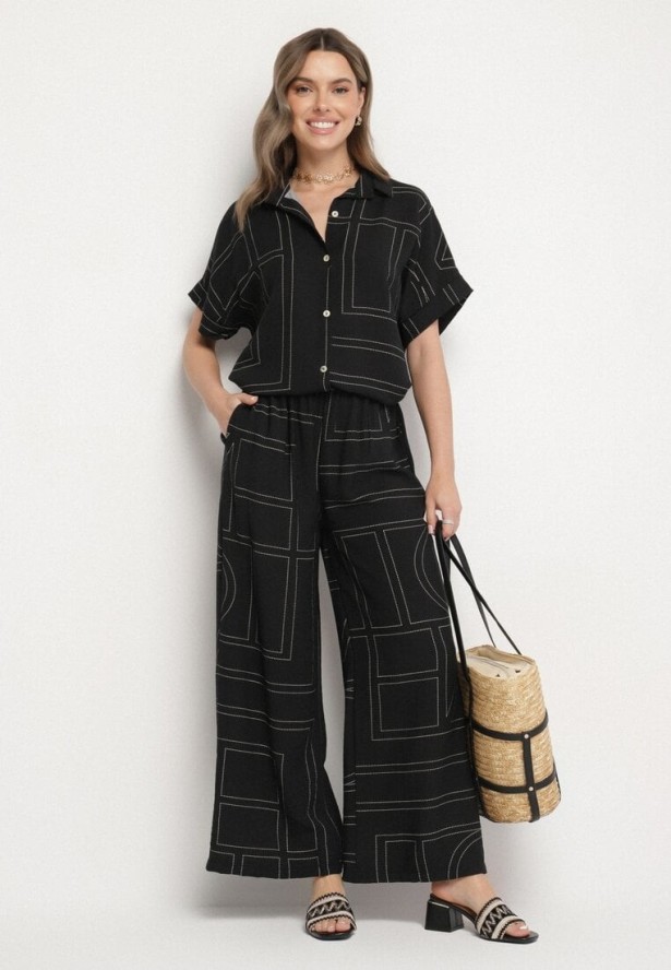 Czarny Komplet z Lnem i Wiskozą Koszula i Spodnie w Geometryczny Wzór Fevoline