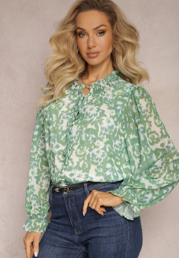 Zielona Koszula w Kwiaty z Falbanką przy Dekolcie i Rękawach Navy