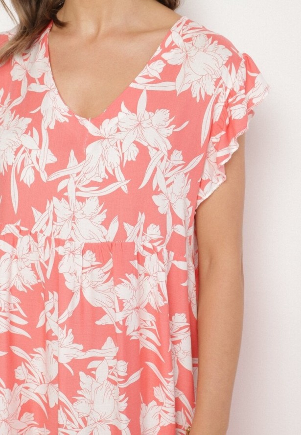 Różowa Bawełniana Sukienka o Rozkloszowanym Kroju w Kwiaty Libella