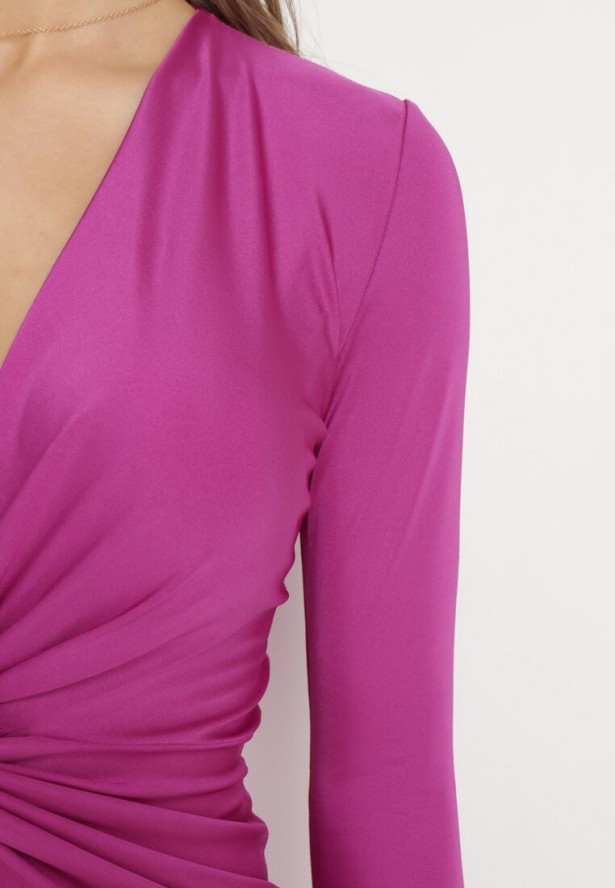 Fioletowa Sukienka Koktajlowa z Ozdobnym Supełkiem i Rozcięciem Tefeti