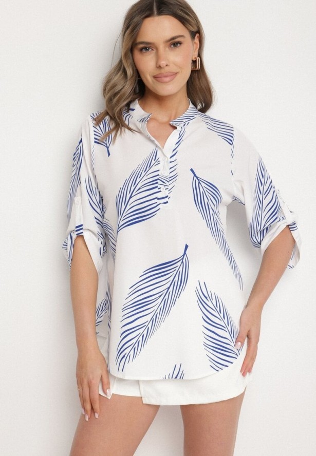 Biało-Niebieska Koszula z Bawełną we Wzór Liści Lumavaie