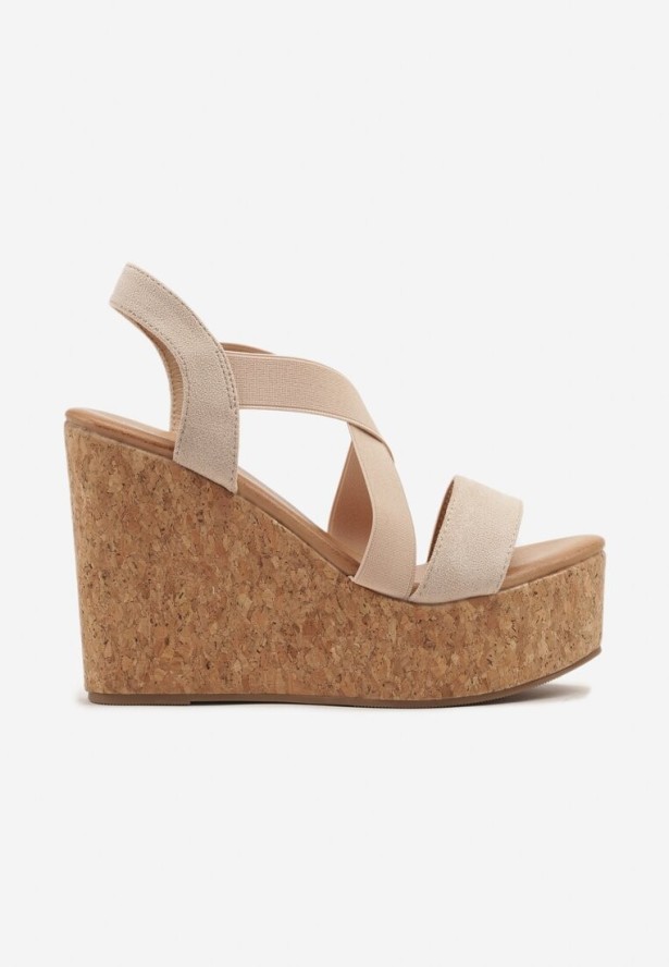 Beżowe Sandały na Korkowym Koturnie Fevire