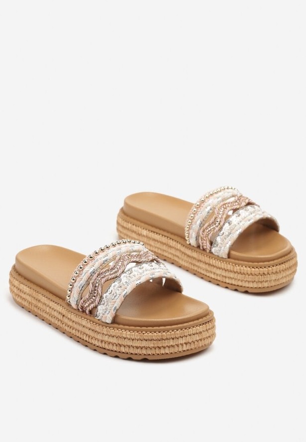 Beżowo-Różowe Klapki Boho na Podeszwie z Plecionki Zdobione Cyrkoniami Deonielle