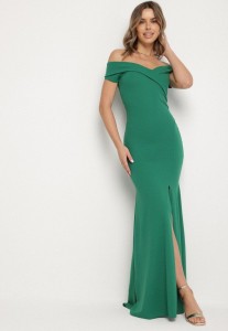 Zielona Koktajlowa Sukienka z Hiszpańskim Dekoltem Erpollia