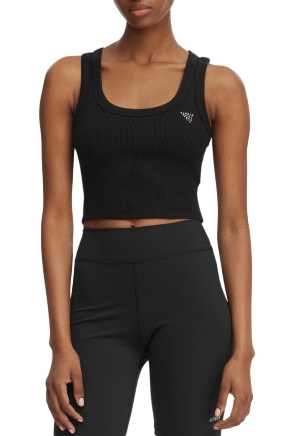 GUESS Czarny krótki damski tank top Silvy Rib, Rozmiar L