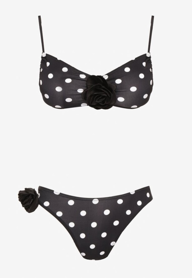 Czarne Bikini w Grochy z Kwiatowymi Aplikacjami Biustonosz i Figi Loritia