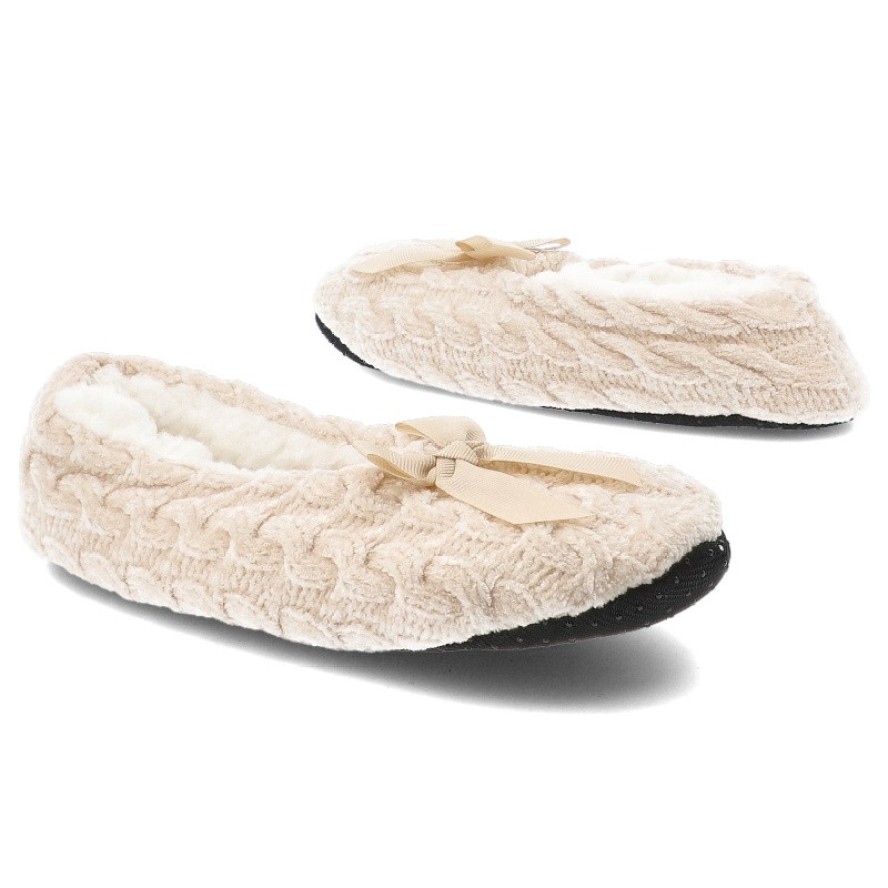 Bambosze damskie Moraj, pantofle ocieplane futerkiem z kokardą i antypoślizgową podeszwą, beżowe, CDC800-023