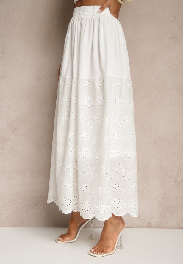 Biała Ażurowa Rozkloszowana Spódnica z Bawełny Kolittra