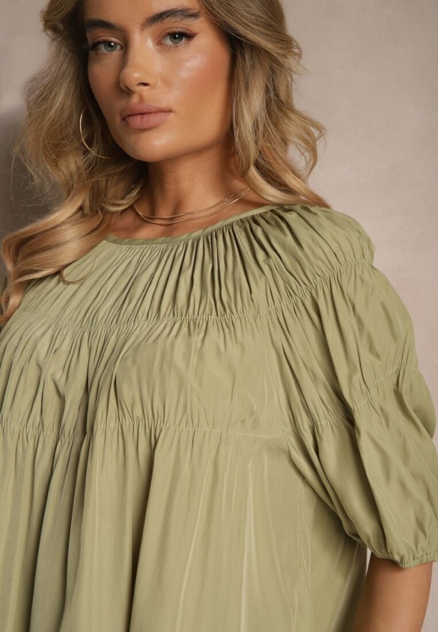 Zielona Bluzka z Wiskozą o Fasonie Oversize z Gumkami w Ramionach Alirona