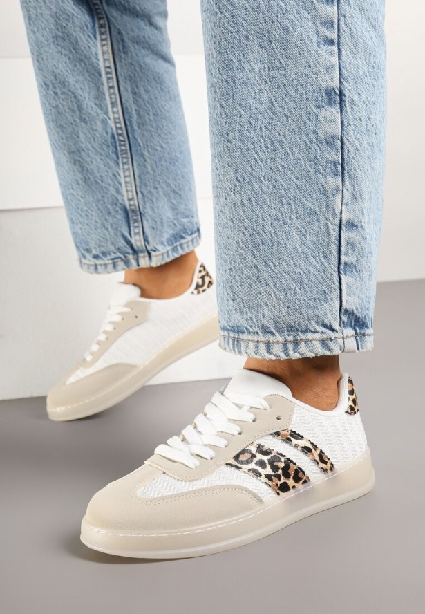 Beżowe Sneakersy w Stylu Tenisówek z Paskami w Panterkę Eleaniria