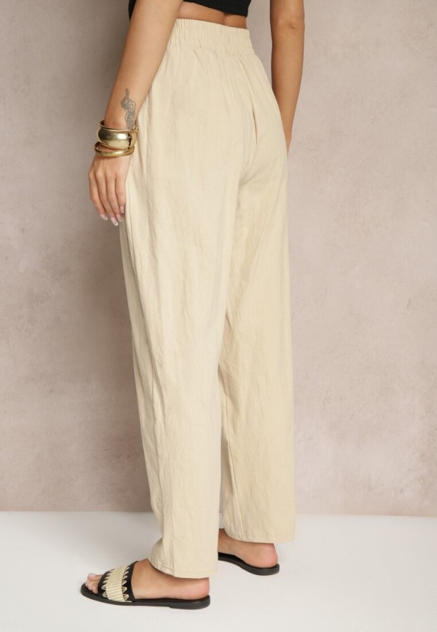 Beżowe Spodnie z Bawełny High Waist Sonirea