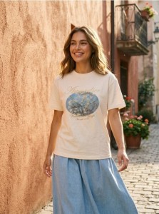 Bawełniana koszulka z nadrukiem - kremowy