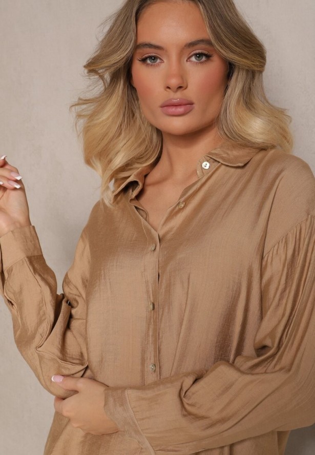 Ciemnobeżowy Komplet z Wiskozy Koszula i Szerokie Spodnie Eleathia