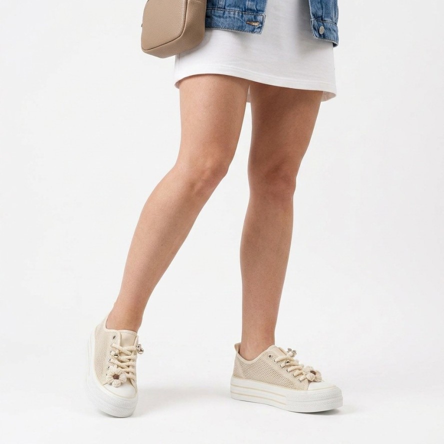 Sneakersy damskie Filippo, cholewka z materiału tekstylnego siateczkowego wiązanie z przodu ozdobne grube sznurówki, beżowy, DTN7855/26